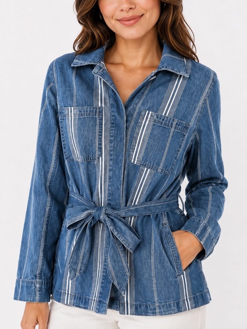 J.Crew striped belted denim jacket